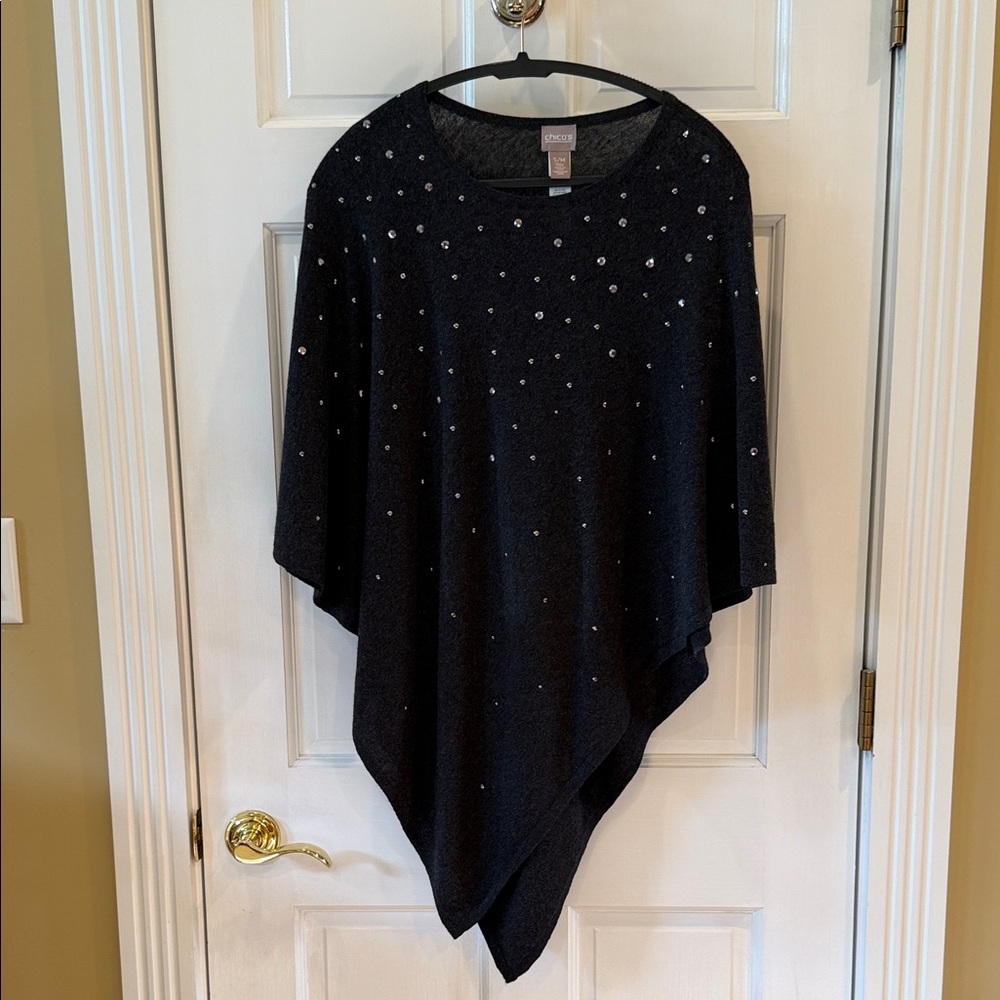 Chico's Sm/Med NWT Charcoal Gray Lightweight Poncho w/ Silver Embellishments.